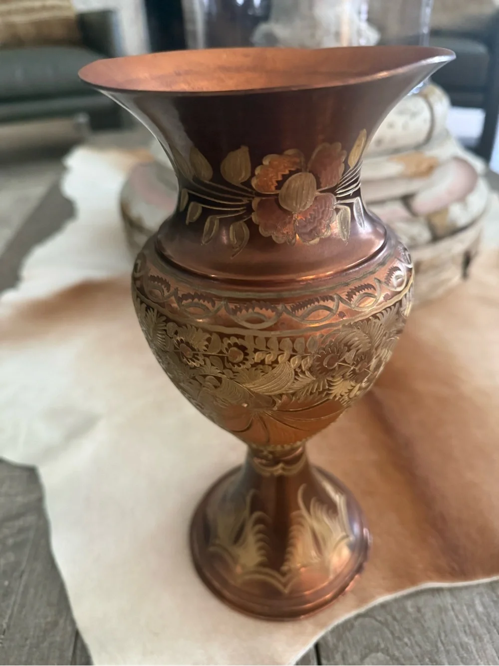 Ornate Copper-Tone Decorative Vase - Floral Etched Accent